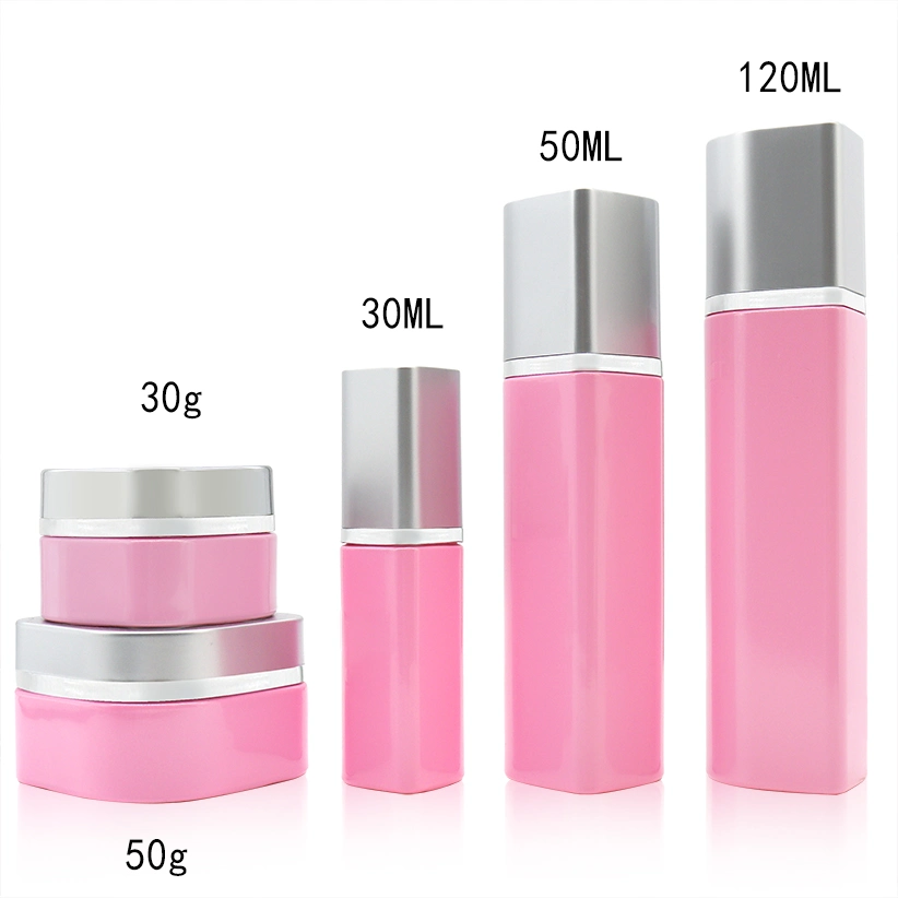 High Quality Pink 30g 50ml Square Cosmetic Glass Bottle Set Skincare Packaging