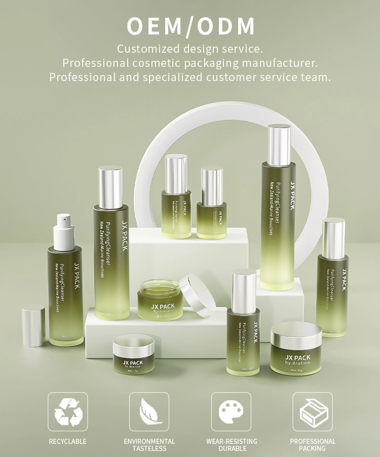 Luxury Custom Empty Eco Friendly Green Cosmetic Bottle Frosted Glass Pump Skincare Kit Packaging
