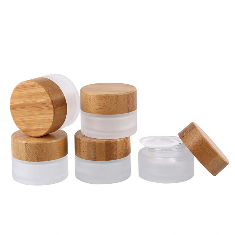 Ready to Ship Products 50g Frosted Glass Jar Cosmetic Container Low MOQ Glass Bottle OEM ODM Cream Bottle with Sustainable Bamboo Plastic Cap