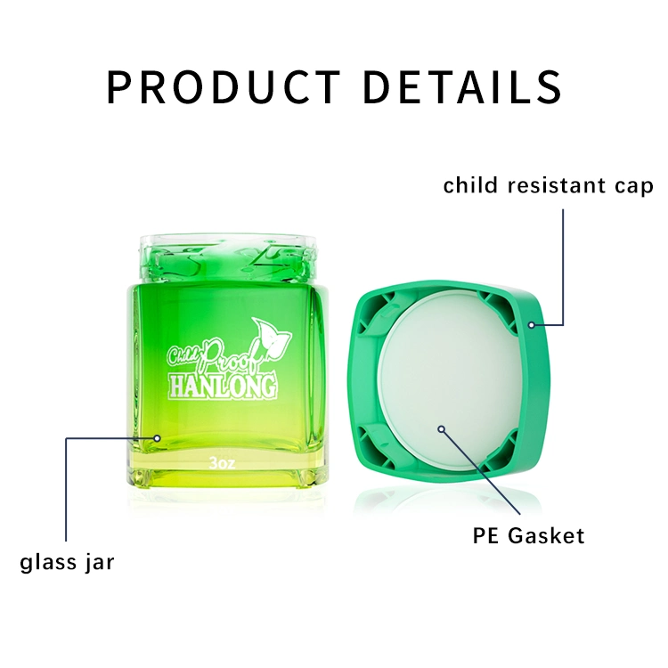 Custom Print 2oz 3oz 4oz Child Proof Jar Weeds Flower Container Child Resistant Cap Herbs Square Glass Jar
